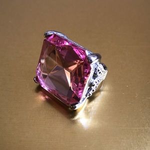 Pink Crystal Adjustable Size Silver Ring